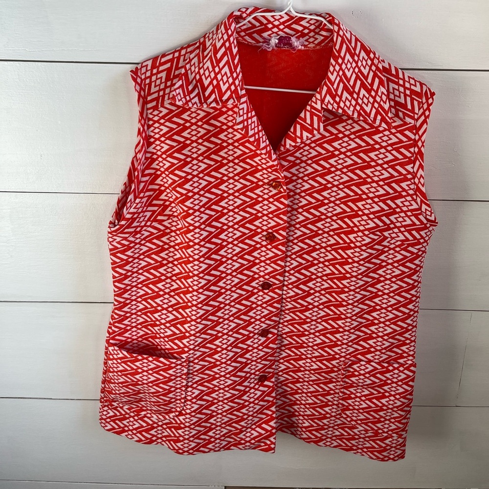 Vintage Orange and White Geometric Sleeveless Button Vest